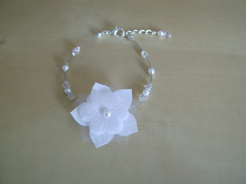 Bracelet Blanc/Cristal Mariée/Mariage/Soirée/Cérémonie Fleur/Perles pas cher - Photo 1/1