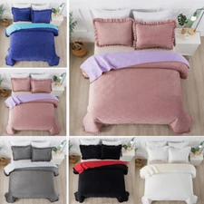 Ruffle Bedspread 3 Pieces Coverlet Swirl Stitch Velvet Quilt Set Queen King Size