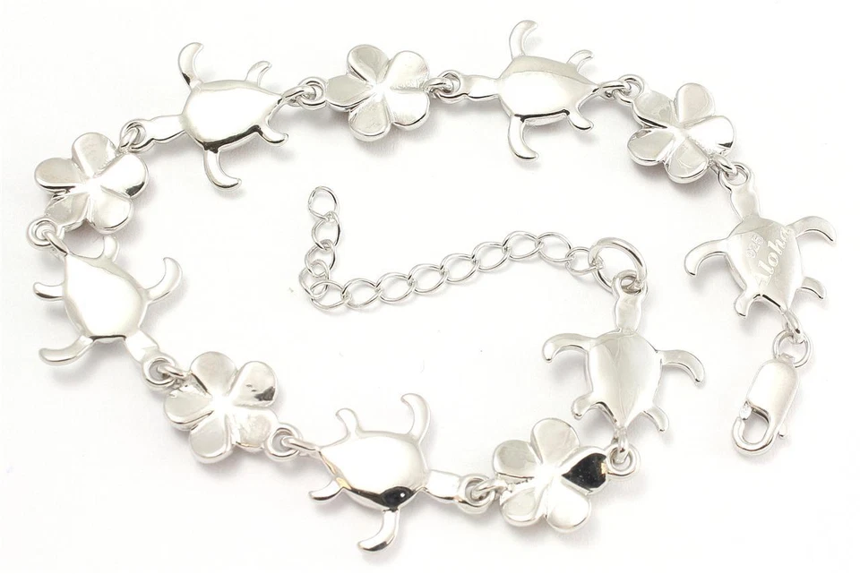 PULSERA TORTUGA HONU PLUMERIA MADERA KOA HAWAIANA INCRUSTACIÓN GENUINA PLATA 925 7 1/8"+ Foto 3 de 3