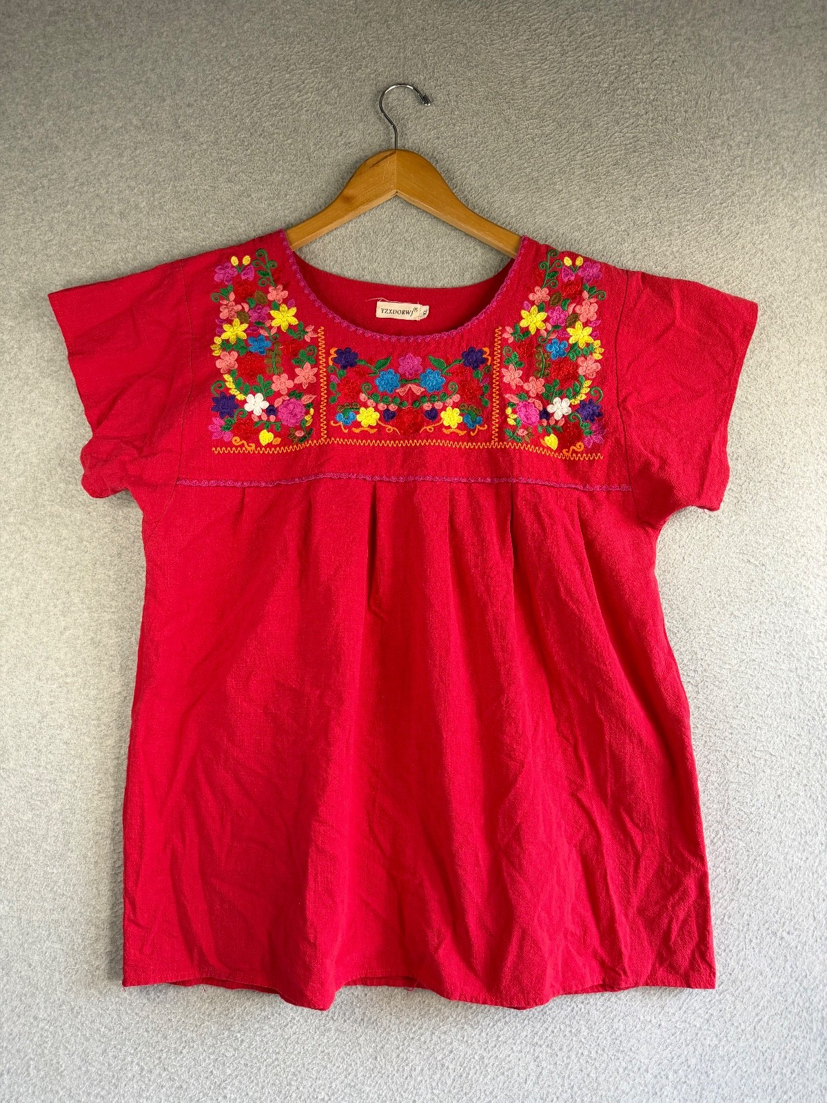 YZXDORWJ Top Womens XL Red Floral Embroidered Mexican Artisan Peasant