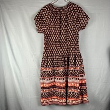 Old Navy Maxi Dress Womens Large Dark Brown Paisley Cotton Short Sleeve Tie Neck