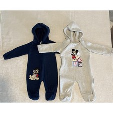 Vintage Disney Store Baby Fleece Romper Lot 2 6-9 Months Mickey Pluto Pram Suit
