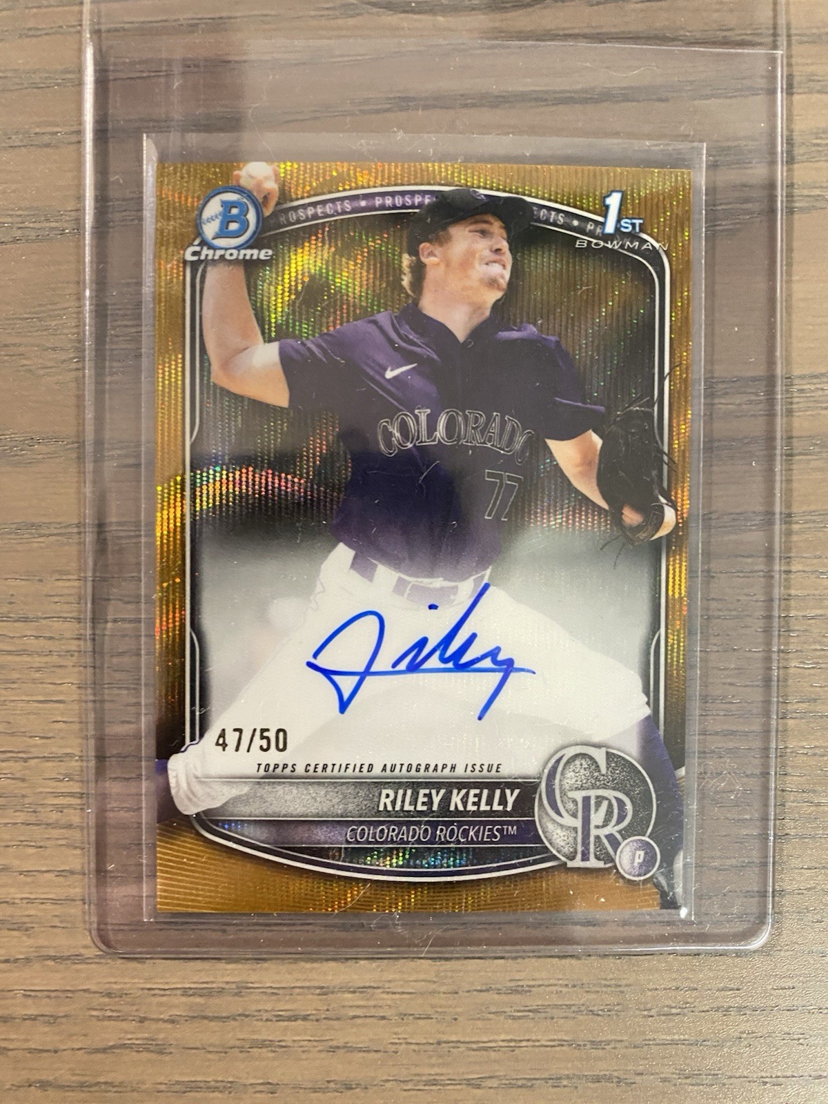 2025 Bowman Draft Riley Kelly Chrome Auto Gold Wave Refractor 1st #/50 Rockies