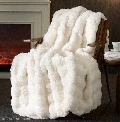  NWT Crafted by Catherine Bubble Faux Fur Throw Blanket Soft Plus White Ivory