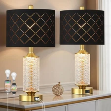 QiMH Set of 2 Table Lamps with USB A+C Ports, Brushed gold+Black Grid Shade 