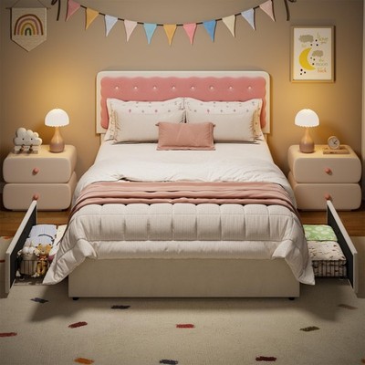 Full/Twin Size Bed Frame with Biscuit Tufted Velvet Headboar & 2 Storage Drawers