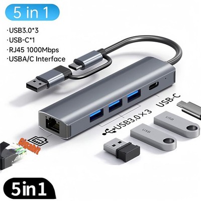 Type-C USB 3.0 2in1 Gigabit Ethernet Adapter 1000Mbps RJ45 LAN Docking Station