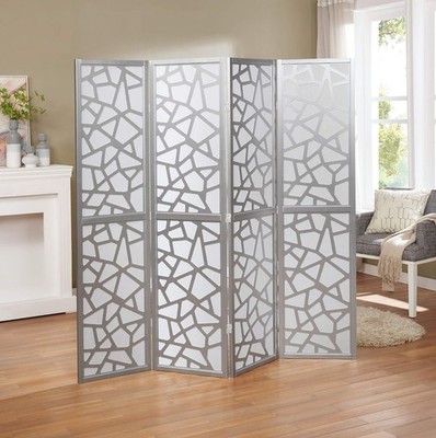Roundhill Furniture Giyano 4 Panel Screen one size, White Screen/Silver Frame