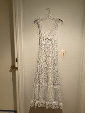 Vintage 1970 GUNNE SAX Sleveless Blue/White Floral/Lace Praire Bo Ho Dress Sz 11