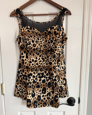 Leopard Print 1 piece women s bathing suit   Dress skirt with Black mesh 14 pad
