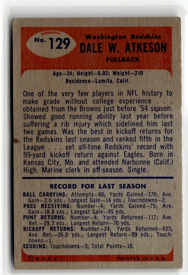 1955 Bowman Vintage- Dale Atkeson #129 (RC) - Image 2 of 3
