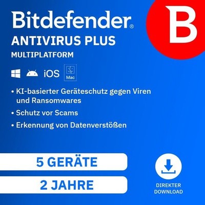 Bitdefender Antivirus Plus 2 Jahre Lizenz 5 PC WIN macOS iOS Android Download