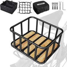 Bike Basket Rear Bamboo Base Bicycle Basket W/ Rainproof Cover Liner Cargo Net