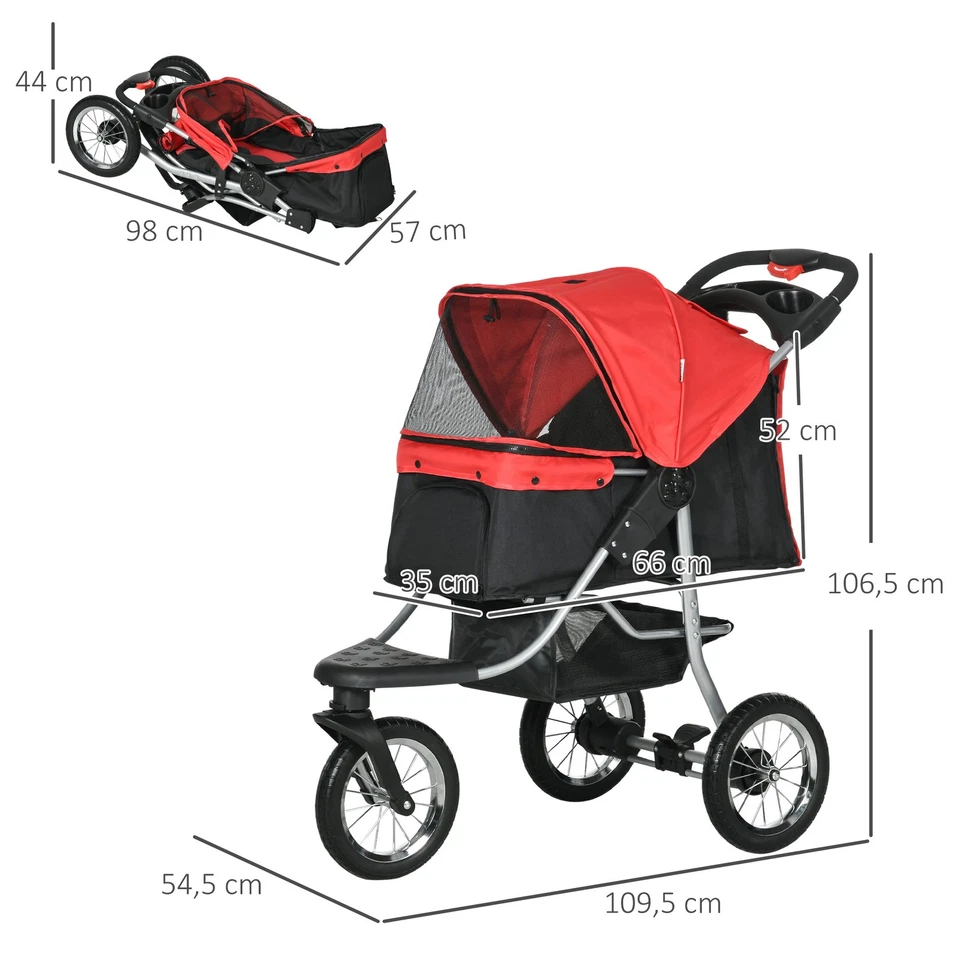 PawHut Hundewagen Hundebuggy Katzen Pet Stroller mit 3 Rädern klappbar Rot - Bild 4 von 4