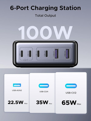 100W USB C Charging Station, 6-Port Gan Desktop Charger with 4 USB-C & 2 USB-...