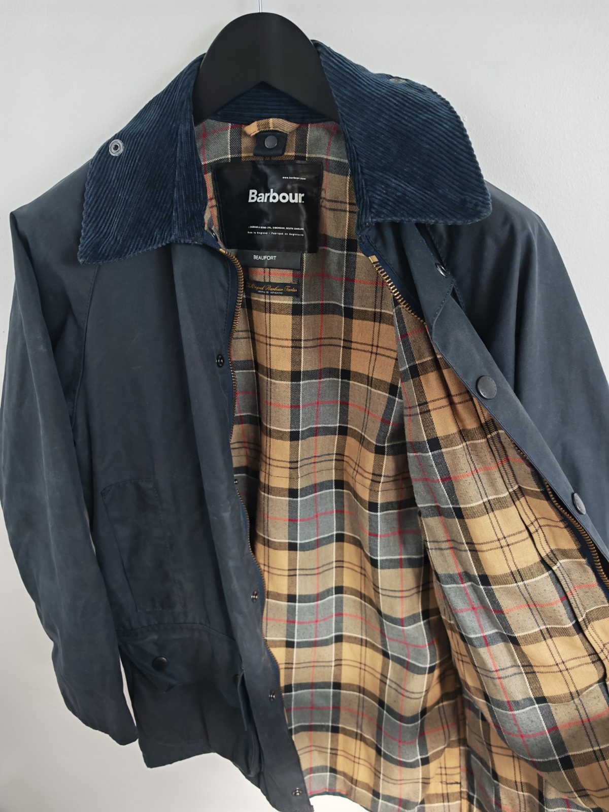 Mens Barbour Beaufort Wax Jacket Navy Blue Size 34 C34 Classic Tartan Coat image 6