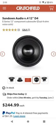 Sundown Audio E-Series V.4 12in D4 Component Subwoofer Dual Voice Coil 4-Ohm