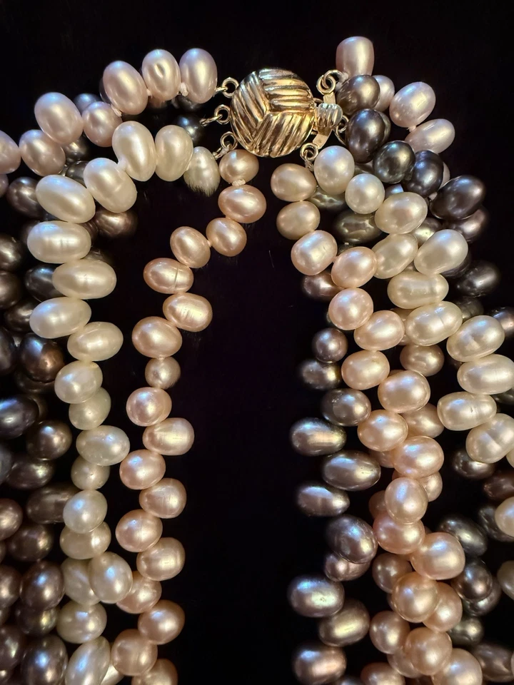 14k Gold Clasp Five Strand Multi-Colored Fresh Water Pearl Necklace 18” Choker - Image 4 of 4