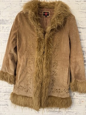 Vintage Gallery Sz L Leather Penny Lane Tan Suede Coat with Fur Trim