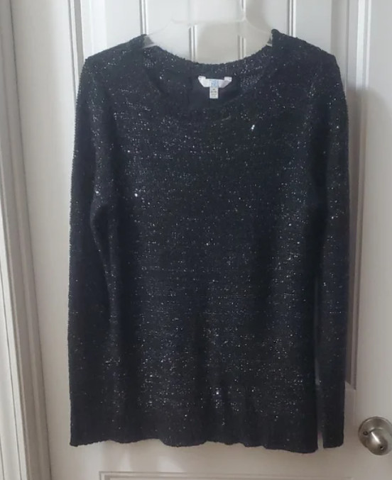 Time and Tru Black Shimmer Sequin Lace up Back Sweater Size M 8/10