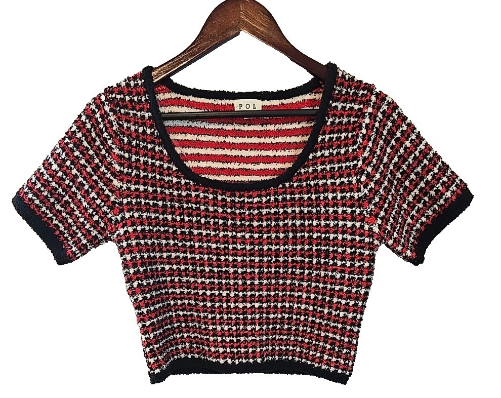 POL Crop top stretch knit short sleeve black red white size L