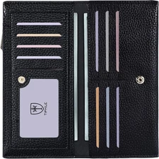 RFID-Blocking Women's Slim Bifold Wallet, Soft Leather, Double Zip, Card Holder