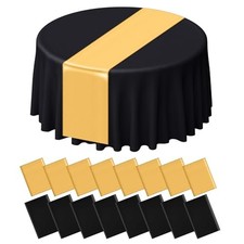 16Pcs Round Plastic Tablecloth and Satin Table Runner Set 84 Inch Round Black