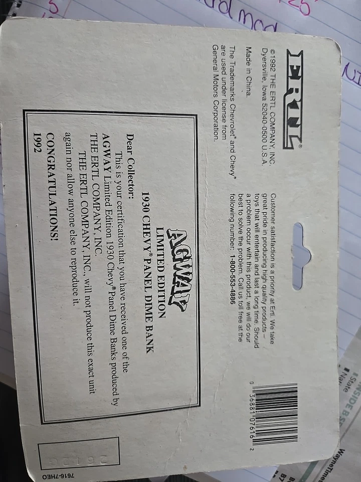 Vintage 1992 Ertl Dime Bank Agway 1930 Chevy Black Panel Truck - New Lot# 2 - Image 2 of 4