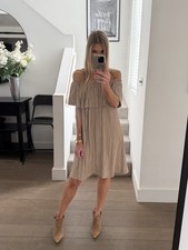 Scarlett Black Dress One Size Beige Faux Suede Pleat Off Shoulder Bardot RRP £59