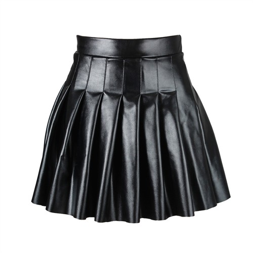 Womens Shiny Flared Pleated Mini Skater Skirt High Waist PU Leather A-Line Skirt - Picture 13 of 18