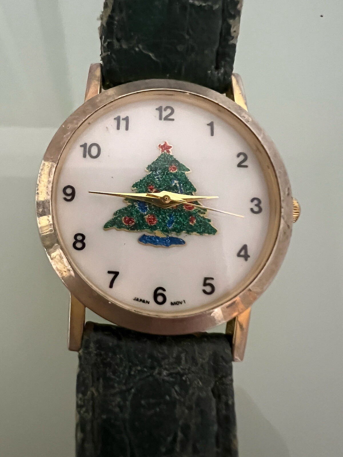 Vintage Watch Christmas Tree Gold Toned Japan Movt Leather Band For Restoration
