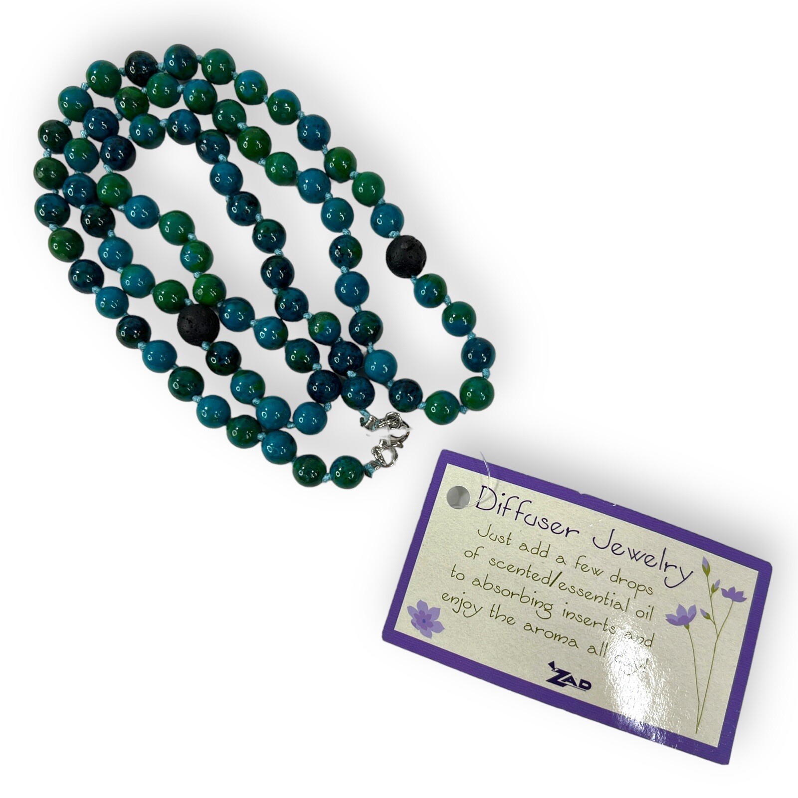 16" Painted Bead & Lava Stone Diffuser Aromatherapy Necklace Blue & Green NWT