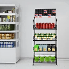 4 Tier Snack Floor Display Rack Retail Display Cases with Hook & Adjustable Feet