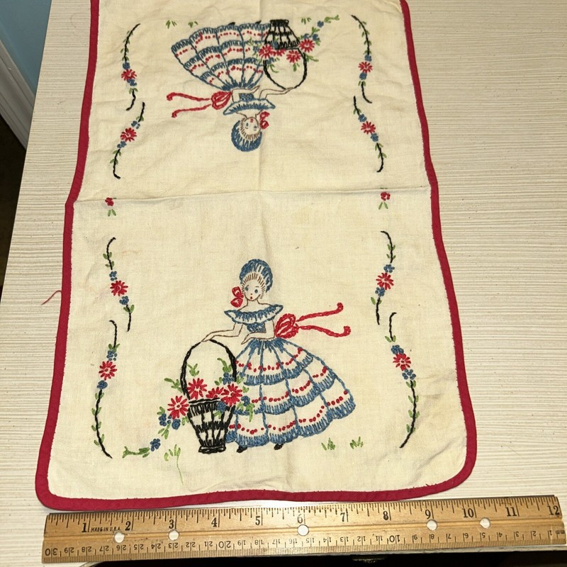 Vintage Embroidered Sampler Girl With Flowers