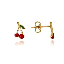 14K Yellow Gold Enamel Cherry Stud Earrings