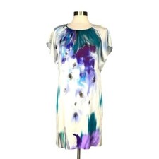 Elie Tahari Womens Silk Watercolor Shift Dress Purple Ivory Short Sleeve size S