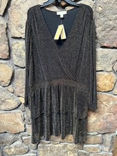 MICHAEL KORS Metallic Gold & Black Faux Wrap Party Dress 2X NWT$155 WH180TL5NU