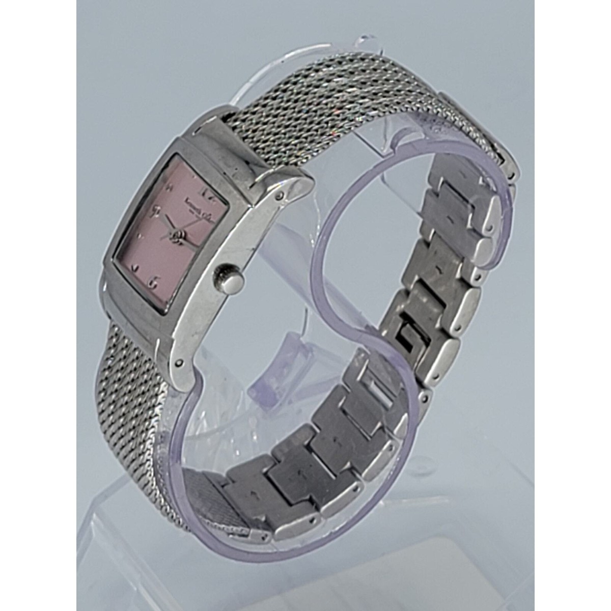 ?NIB KENNETH COLE REACTION Womens Silvertone Watch Kenneth Cole Watch Women Silver Tone Tank Pink Dial Mesh  main image 2
