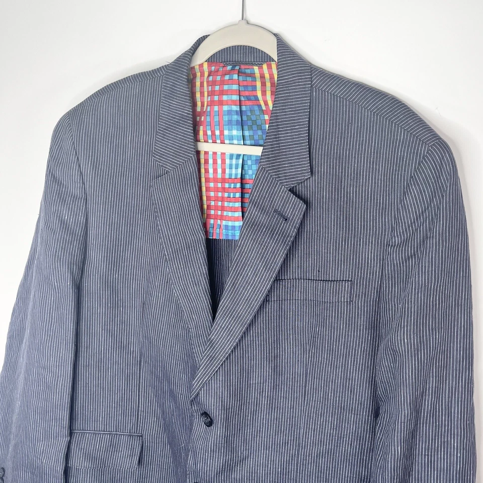 Abrigo Blazer Robert Graham 100% Lino Azul Rayas Prendedor Traje Hombre Calce Clásico 44 Foto 3 de 4
