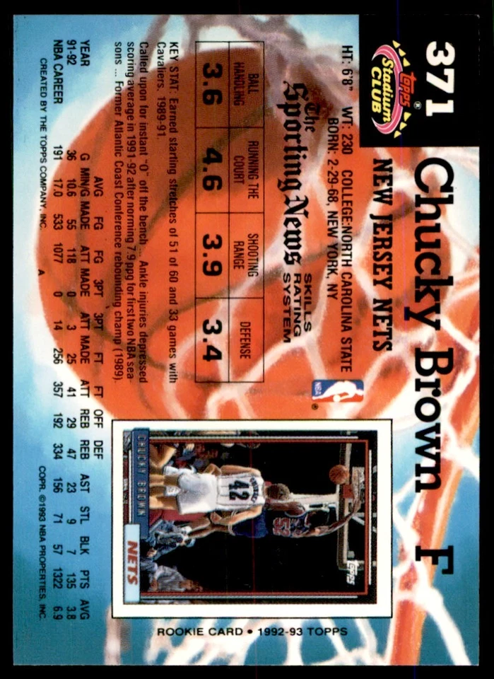 1992-93 Stadium Club Chucky Brown New Jersey Nets #371 - Image 2 of 2