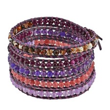 Boho Style Purple Tones Mixed Stones on Leather Five Layer Wrap Bracelet