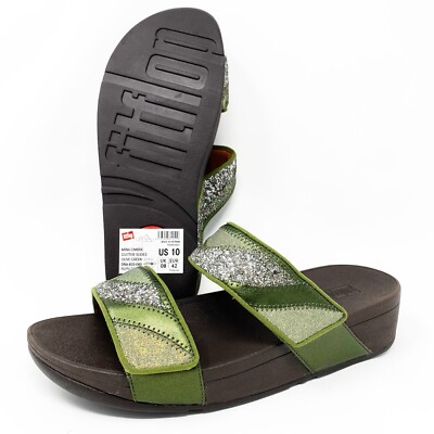 FitFlop Slides Sandals Flip Flops Women's 10 Green Adjustable Slip-On  Metallic
