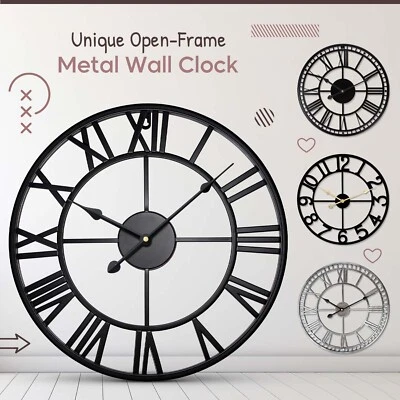 Large Skeleton Metal Roman Wall Clock Big Numerals Giant Round Open Face Clocks - Image 1 of 4