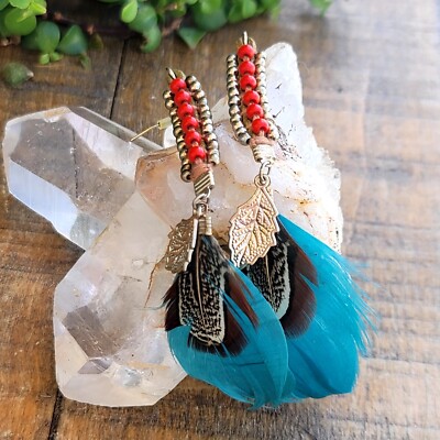 Boho Handmade Blue Feather Bead Dangle Earring 5''