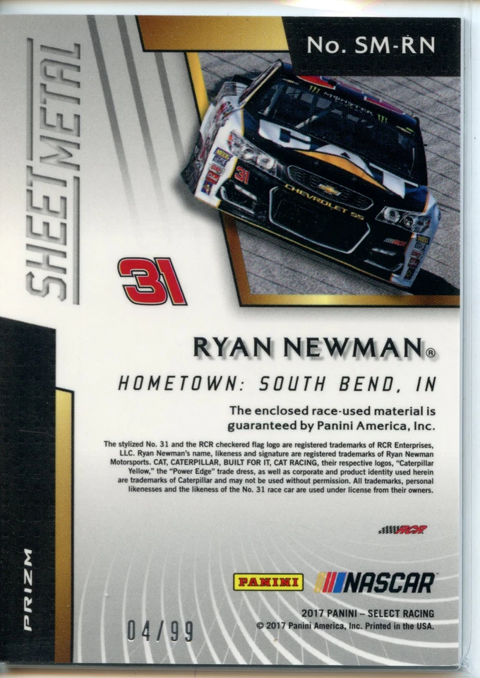 2017 Panini Select Racing NASCAR RED Sheet Metal Ryan Newman 3 Color #4/99 - Image 2 of 2