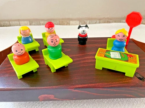 Vintage Fisher Price Little People School Set of 13 Desks Figures Stop Sign Dog