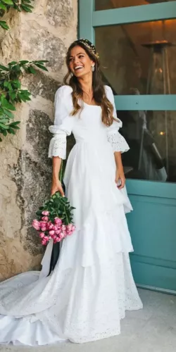 Vintage White Wedding Dresses Floral Sleeve Ruffle Tiered Lace Skirt Bridal Gown - Picture 6 of 12