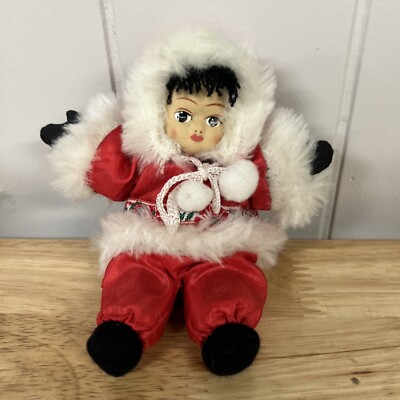 Kleine Eskimopuppe Schneehase Puppe 5 Zoll entzückender Stoffkörper Keramik Gesicht Kopf