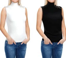 Women Fashion Sleeveless Roll Neck Jumper Turtleneck Knit Pullover Body Tops US