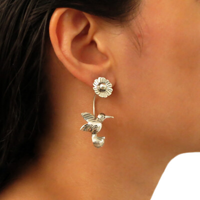 Lange 925 Sterling Silber Kolibri und Blume Ohrhänger Geschenk verpackt